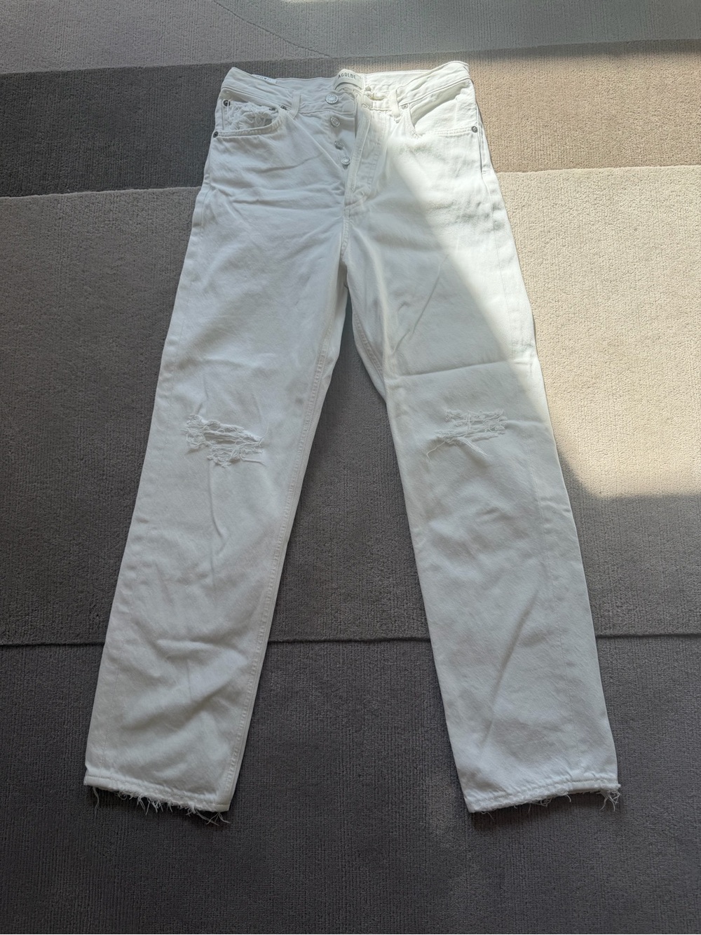 Agolde White Straight Leg Jeans with Distressed Knees